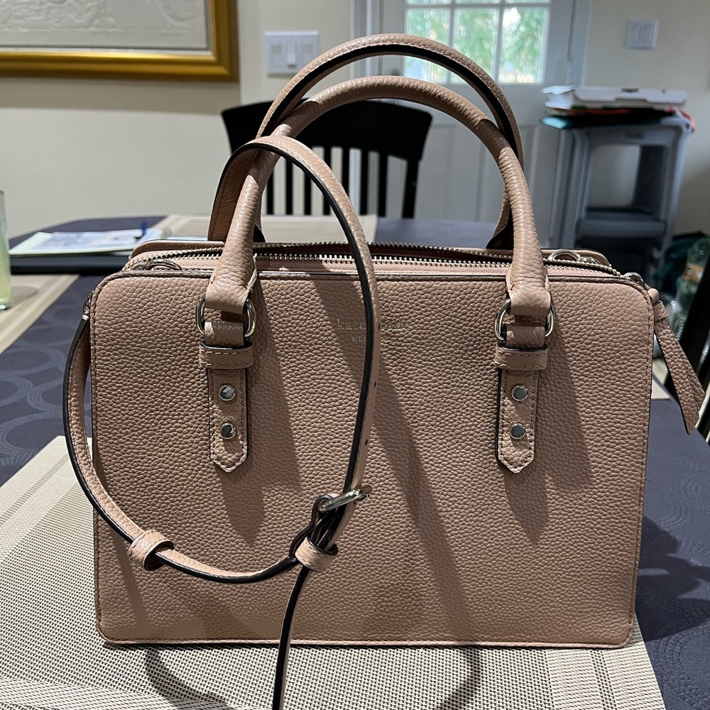 Kate Spade Surprise Mulberry Street Lise Satchel in warm beige.